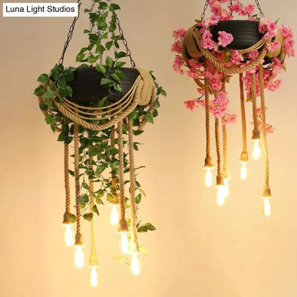 Lámpara de araña colgante de cuerda de cáñamo rosa/verde de 6 luces con bombilla expuesta y decoración de neumático de goma