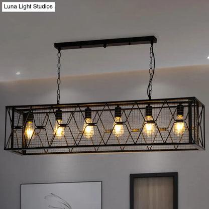 DecorBites™ 6-Light Rectangular Mesh Island Lighting: Black Metal Industrial Suspended Fixture