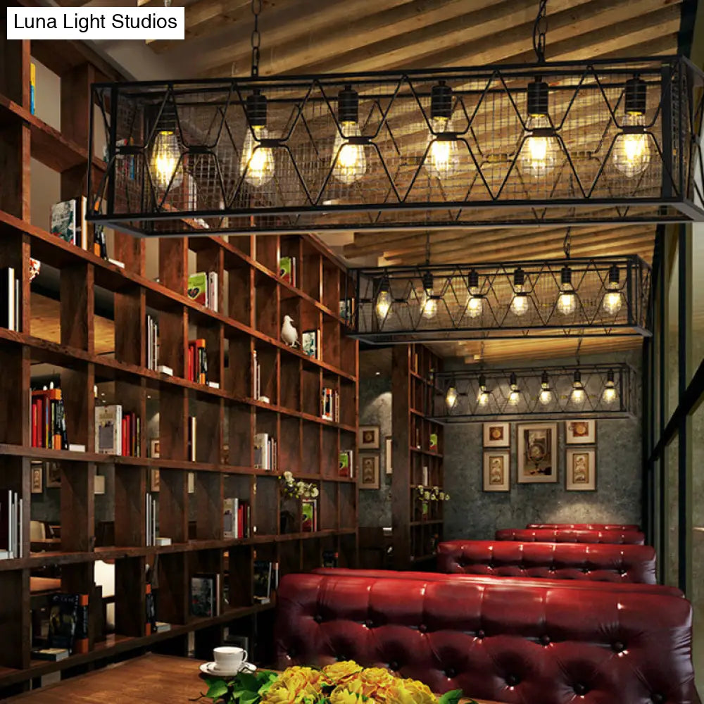 DecorBites™ 6-Light Rectangular Mesh Island Lighting: Black Metal Industrial Suspended Fixture