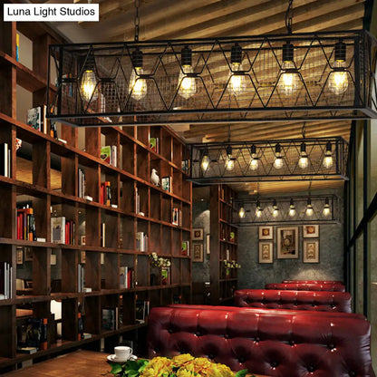 DecorBites™ 6-Light Rectangular Mesh Island Lighting: Black Metal Industrial Suspended Fixture