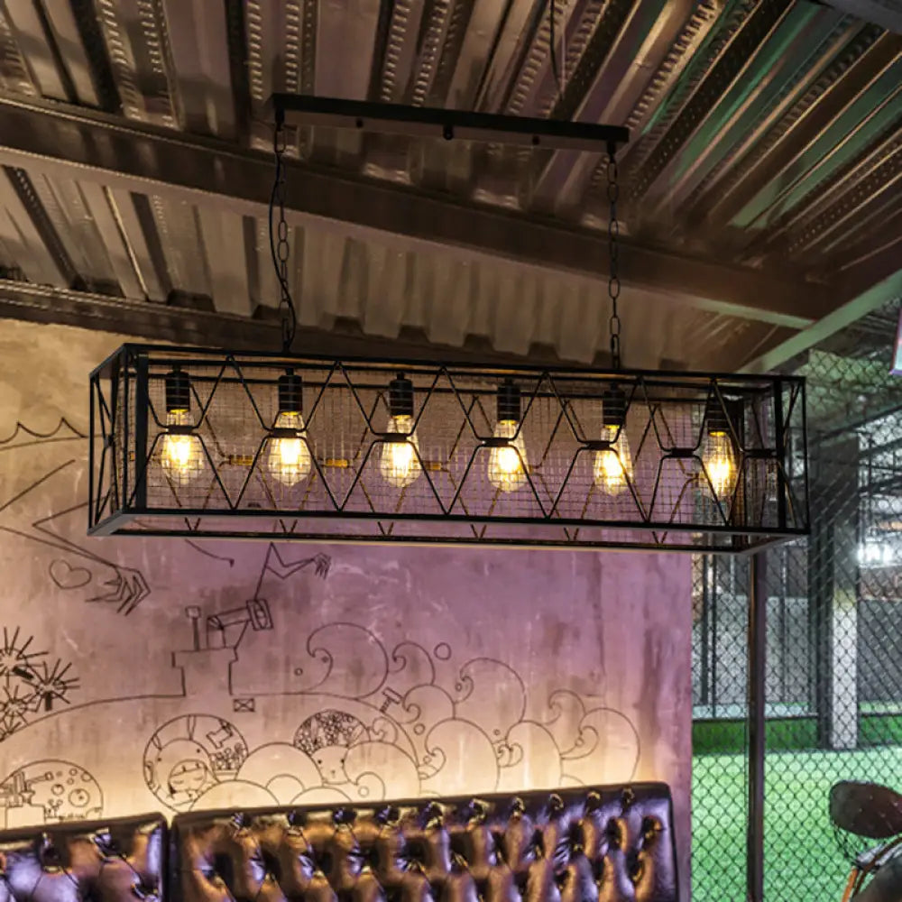 DecorBites™ 6-Light Rectangular Mesh Island Lighting: Black Metal Industrial Suspended Fixture
