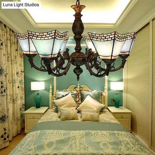 Lámpara de araña estilo Tiffany de 6 luces para comedores con cadena - Lámpara colgante geométrica y pantalla de cristal artístico