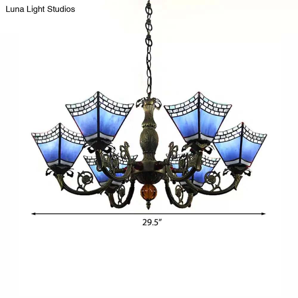 Lámpara de araña estilo Tiffany de 6 luces para comedores con cadena - Lámpara colgante geométrica y pantalla de cristal artístico