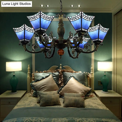 Lámpara de araña estilo Tiffany de 6 luces para comedores con cadena - Lámpara colgante geométrica y pantalla de cristal artístico