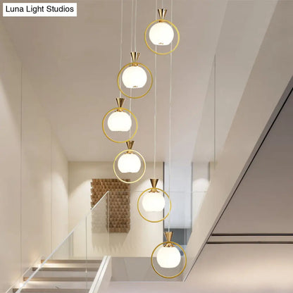 6-Light White Glass Stair Pendant with Gold Metal Loop - Ball Shaped Suspension Light