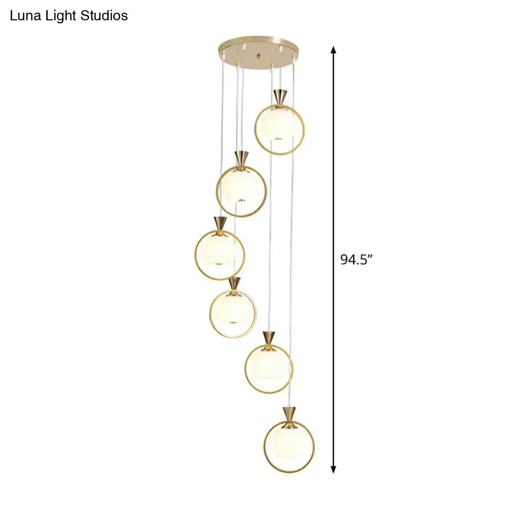 6-Light White Glass Stair Pendant with Gold Metal Loop - Ball Shaped Suspension Light