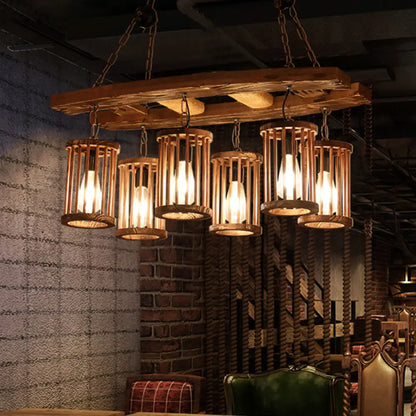 DecorBites™ 6-Light Wood Pendant Chandelier - Industrial Factory Cylinder Hanging Island Light with Ladder Deco