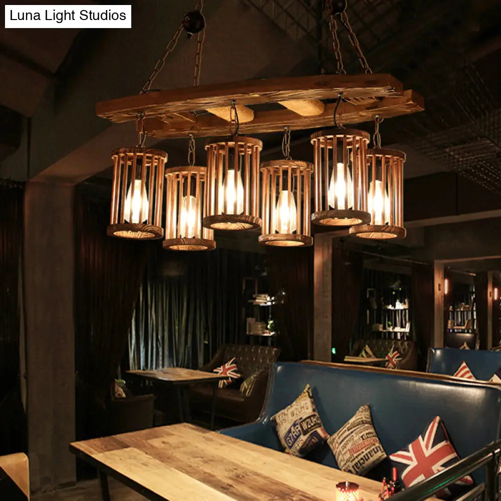 DecorBites™ 6-Light Wood Pendant Chandelier - Industrial Factory Cylinder Hanging Island Light with Ladder Deco