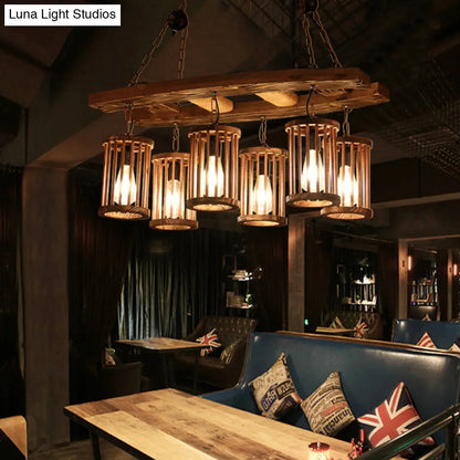 DecorBites™ 6-Light Wood Pendant Chandelier - Industrial Factory Cylinder Hanging Island Light with Ladder Deco