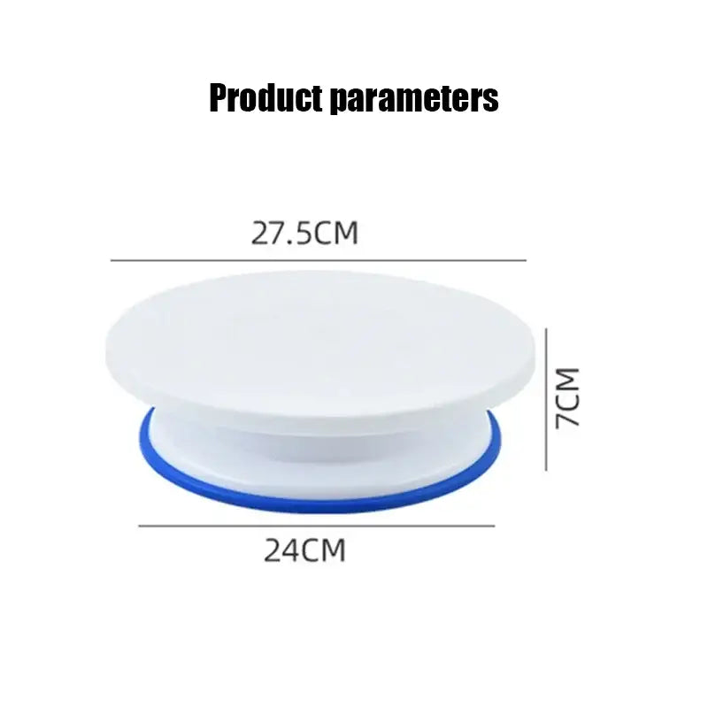 White circular cake decorating turntable with blue rim 27.5cm diameter smooth surface by decorbites for cakes