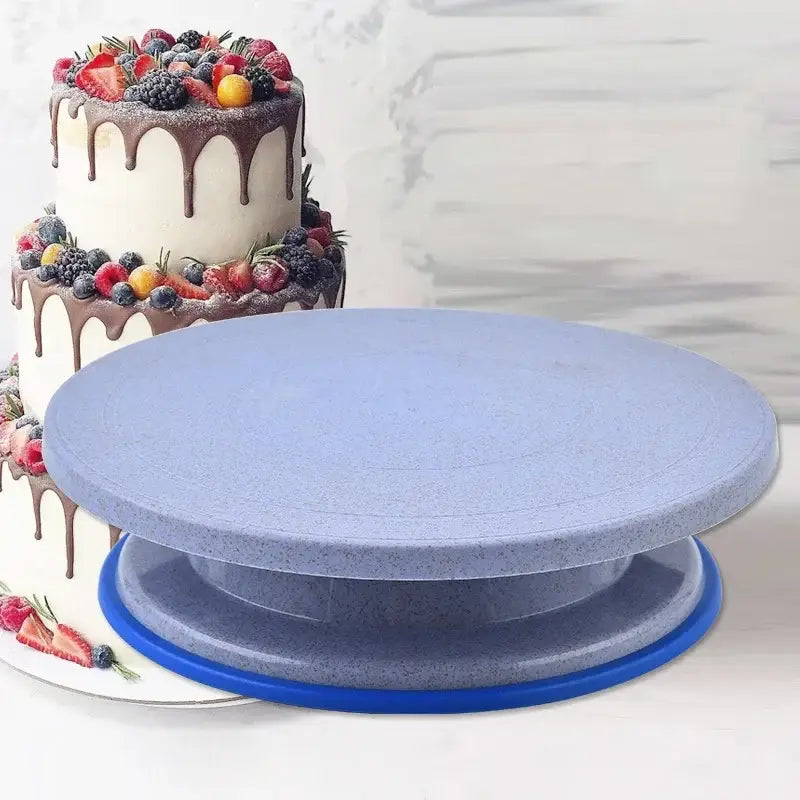 Blue speckled cake decorating turntable with a blue base from the 6-piece decorbites cake decorating set