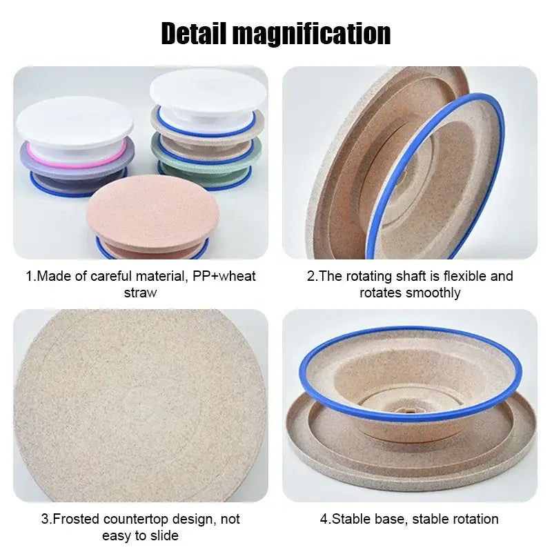 Circular beige pp and wheat straw cake decorating turntable with blue rim and frosted countertop design for decorbites cake decorating set