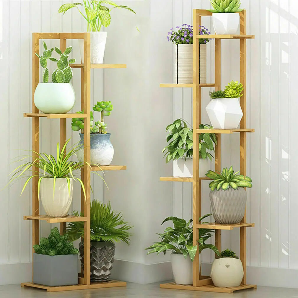 6-Tier Bamboo Plant Stand for Indoor/Outdoor Display