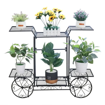 Black wrought iron DecorBites™ 6-tier metal plant stand with ornate wheel design for indoor and outdoor plants