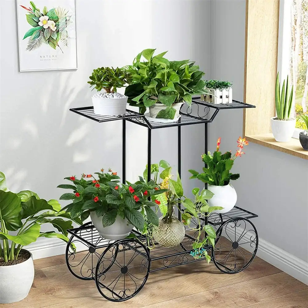 Black wrought iron 6-tier metal plant stand with decorative wheels for indoor and outdoor use by DecorBites