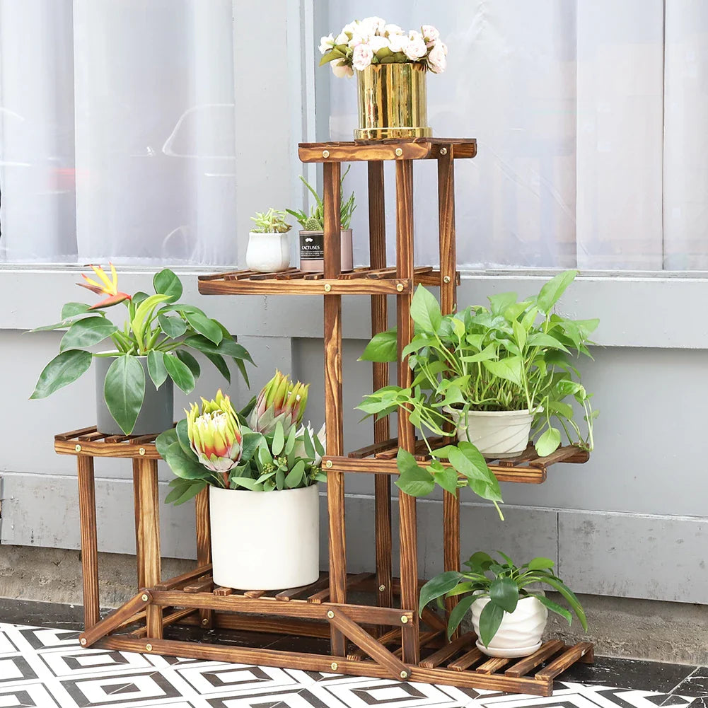 6-Tier Wood Plant Stand Shelf for Indoor/Outdoor Gardens