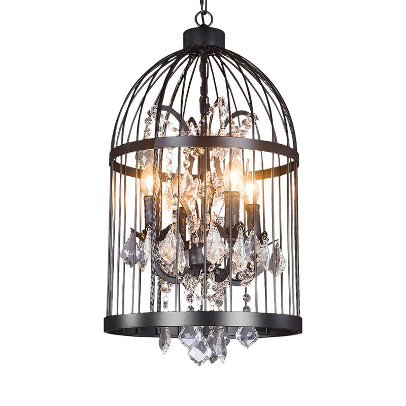 Vintage Style 4-Head Birdcage Chandelier in Black/White/Rust Iron – Elegant Hanging Lamp with Candle and Crystal Deco for Living Room