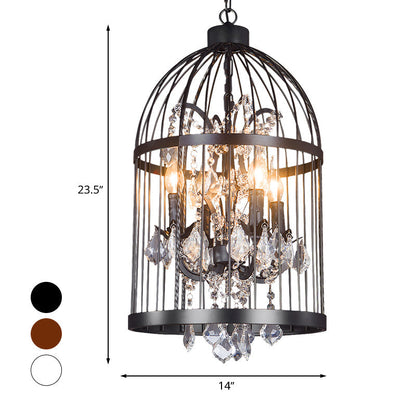 Vintage Style 4-Head Birdcage Chandelier in Black/White/Rust Iron – Elegant Hanging Lamp with Candle and Crystal Deco for Living Room