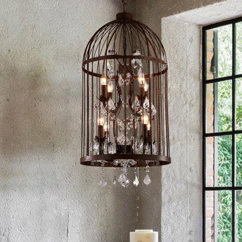 Vintage Style 4-Head Birdcage Chandelier in Black/White/Rust Iron – Elegant Hanging Lamp with Candle and Crystal Deco for Living Room
