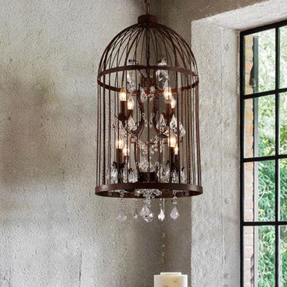 Vintage Style 4-Head Birdcage Chandelier in Black/White/Rust Iron – Elegant Hanging Lamp with Candle and Crystal Deco for Living Room