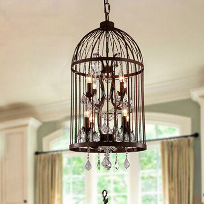 Vintage Style 4-Head Birdcage Chandelier in Black/White/Rust Iron – Elegant Hanging Lamp with Candle and Crystal Deco for Living Room