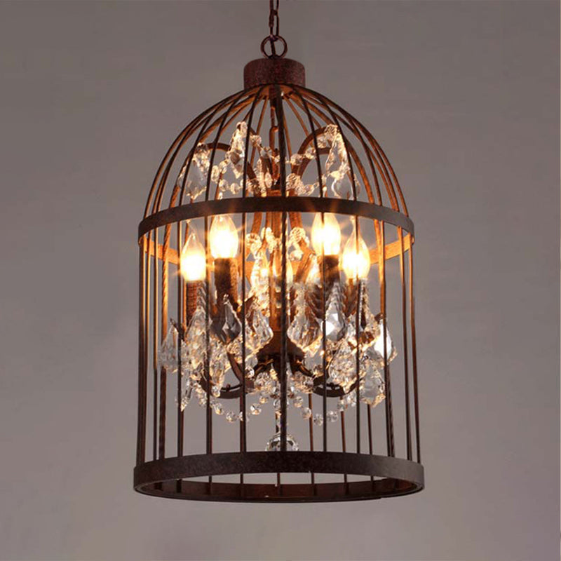 Vintage Style 4-Head Birdcage Chandelier in Black/White/Rust Iron – Elegant Hanging Lamp with Candle and Crystal Deco for Living Room