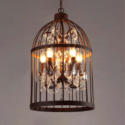 Vintage Style 4-Head Birdcage Chandelier in Black/White/Rust Iron – Elegant Hanging Lamp with Candle and Crystal Deco for Living Room