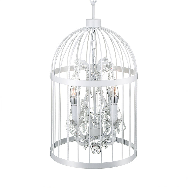 Vintage Style 4-Head Birdcage Chandelier in Black/White/Rust Iron – Elegant Hanging Lamp with Candle and Crystal Deco for Living Room