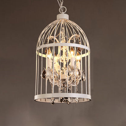 Vintage Style 4-Head Birdcage Chandelier in Black/White/Rust Iron – Elegant Hanging Lamp with Candle and Crystal Deco for Living Room