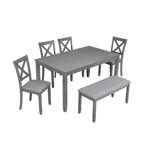 6-teiliges Küchen-Esszimmer-Set, rechteckiger Holztisch mit 4 gepolsterten Stühlen und einer Bank, Esstisch-Set für 6 Personen, Wohnzimmer, Hausbar und Küche, Grau