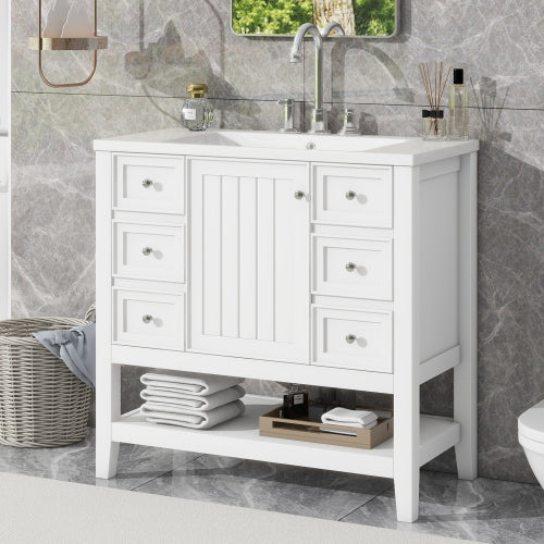 Lavabo de baño de 36 pulgadas con fregadero, un gabinete y tres cajones, madera maciza y tablero de MDF,