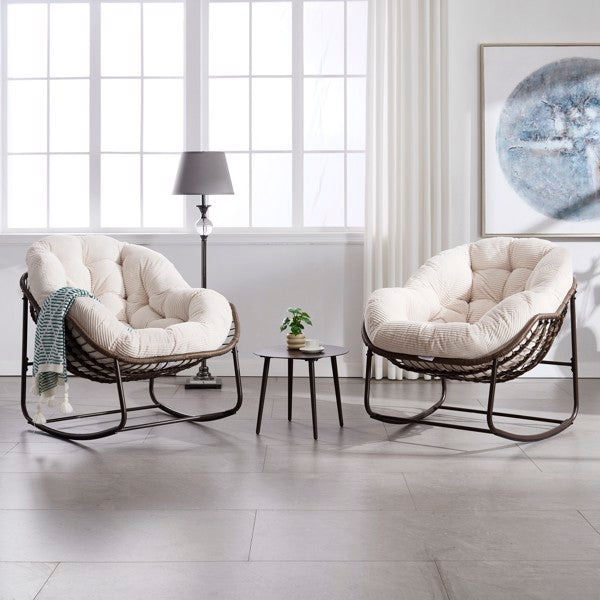 Outdoor Rattan Rocking Chair,Padded Cushion Rocker Recliner Chair Outdoor For Front Porch, Living Room, Patio, Garden, White-Prohibited From Selling On The Temu Platform