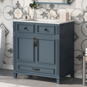 Lavabo de baño de 30'' con fregadero de cerámica, gabinete de almacenamiento de baño con marco de madera maciza y puertas de cierre suave, estilo retro, azul
