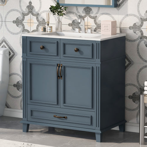 Lavabo de baño de 30'' con fregadero de cerámica, gabinete de almacenamiento de baño con marco de madera maciza y puertas de cierre suave, estilo retro, azul