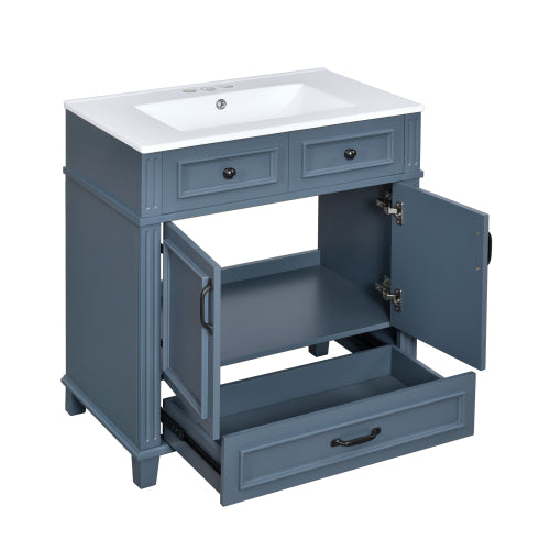 Lavabo de baño de 30'' con fregadero de cerámica, gabinete de almacenamiento de baño con marco de madera maciza y puertas de cierre suave, estilo retro, azul