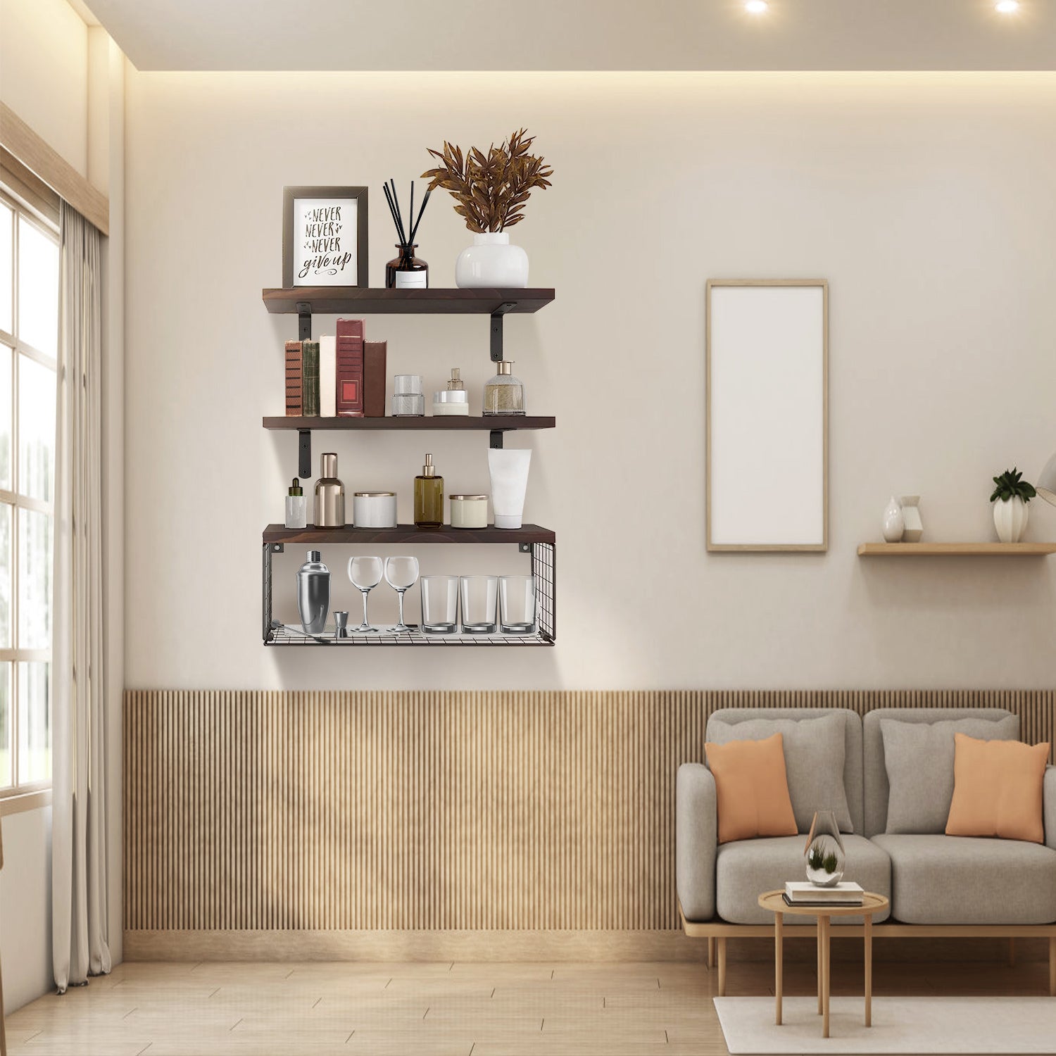 Estanterías Flotantes 2 en 1 Montadas en la Pared con Cesta de Almacenamiento Estanterías para Baño Estanterías sobre el Inodoro Estanterías de Madera para Dormitorio Sala de Estar Cocina Oficina Decoración de Pared para Plantas