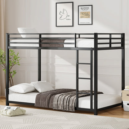 Twin Over Twin Metal Bunk Bed, Low Bunk Bed With Ladder, Bed Frame,Black, Sturdy Steel Construction, Safe Design, Easy Assembly, 250lb Upper Bed Capacity, 350lb Lower Bed Capacity