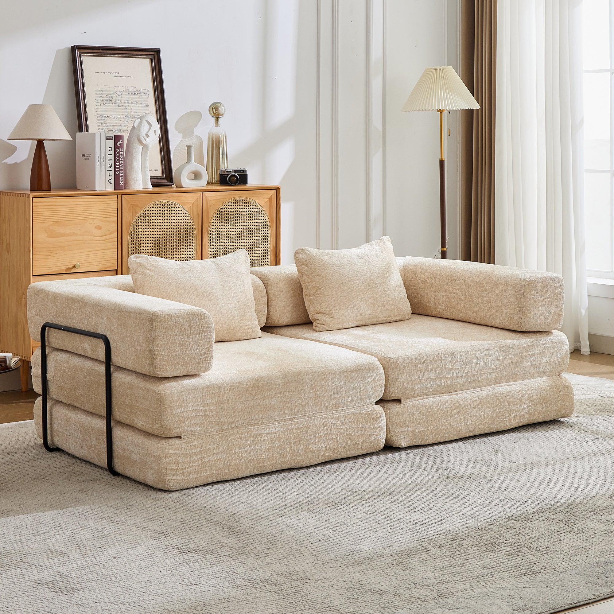 Sofá de Compresión, Sofá Cama Convertible para el Suelo con Marco de Forma Fija, Sofá Seccional Modular sin Huesos para Dos Personas, Sin Ensamblaje Requerido, Tela de Chenille, para Sala de Estar y Dormitorio, Beige