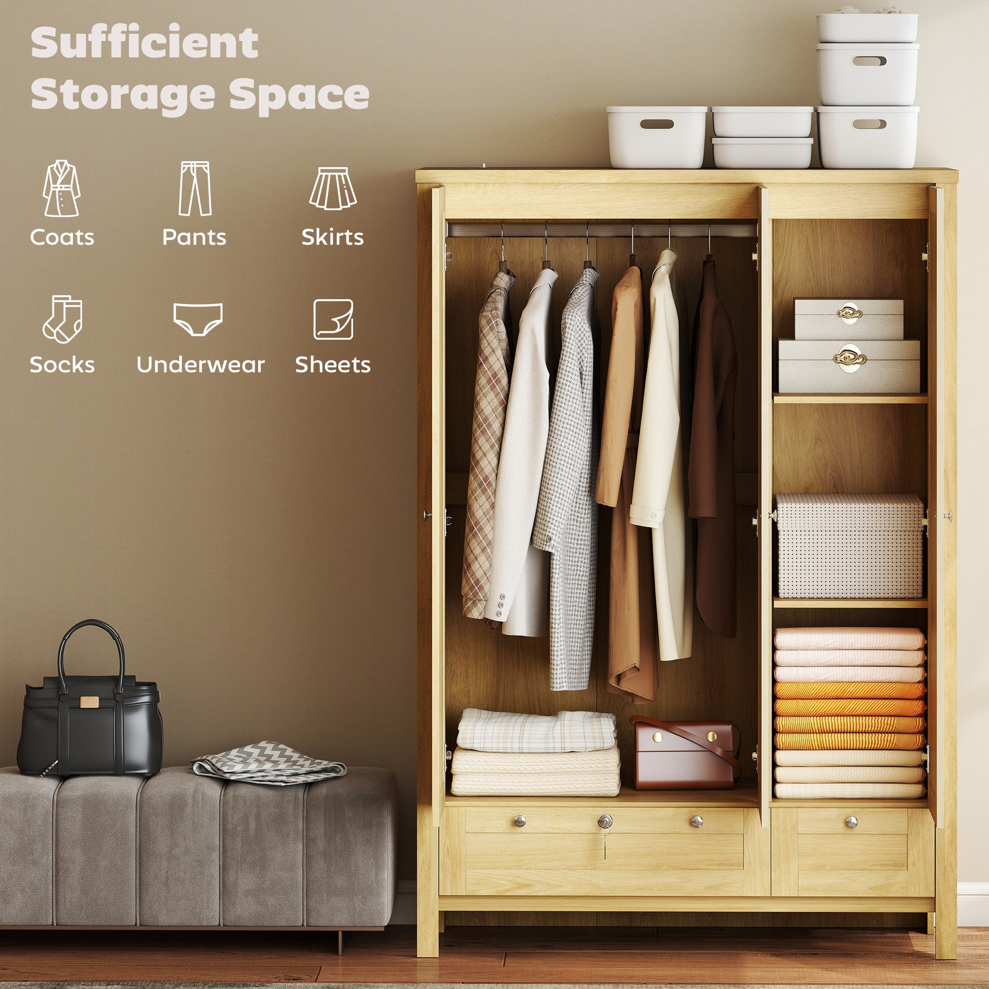 Wardrobe Closet 3 Doors 2 Drawers Modern Bedroom