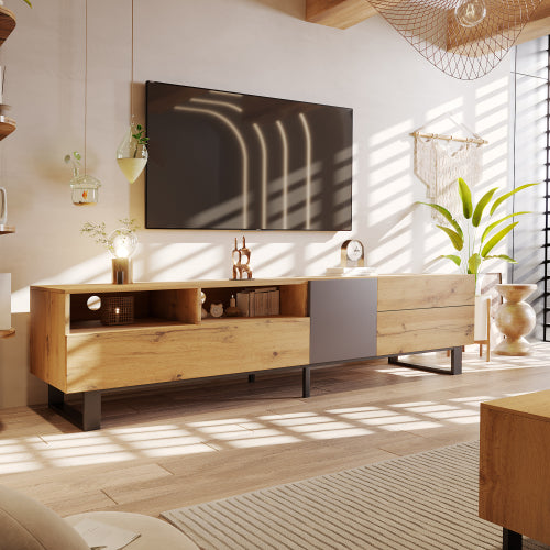 Mueble de TV Moderno para Televisor de 80'' con Doble Espacio de Almacenamiento, Mesa de Consola de Medios, Centro de Entretenimiento con Puerta Abatible para Sala de Estar