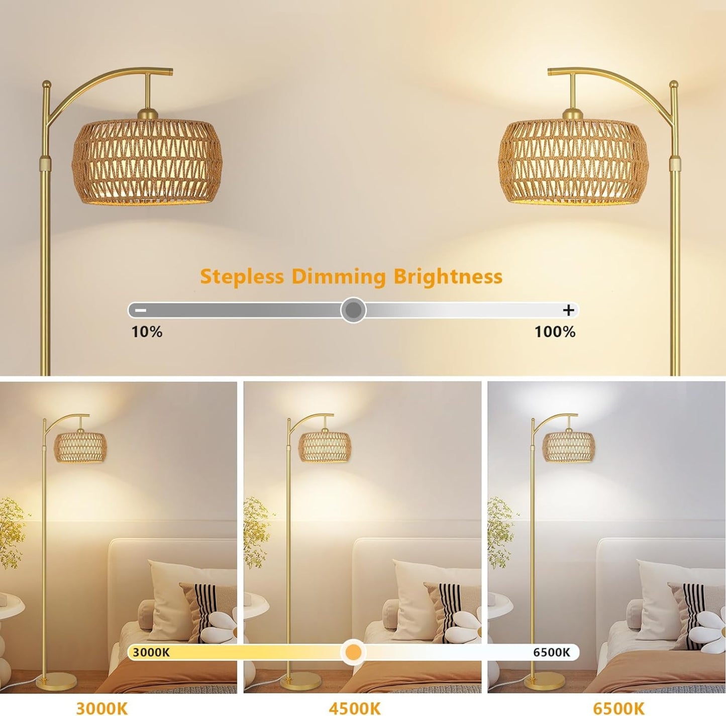 Floor Lamp With 3 Color Temperatures, LED Gold Floor Lamp With Remote & Stepless Dimmable Bulb,