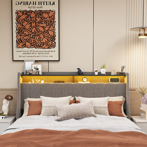Estructura de Cama de Tamaño Completo con LED, 4 Cajones de Almacenamiento Portátiles Bajo la Cama, Diseño de Cabecero con Alas, Gris Claro