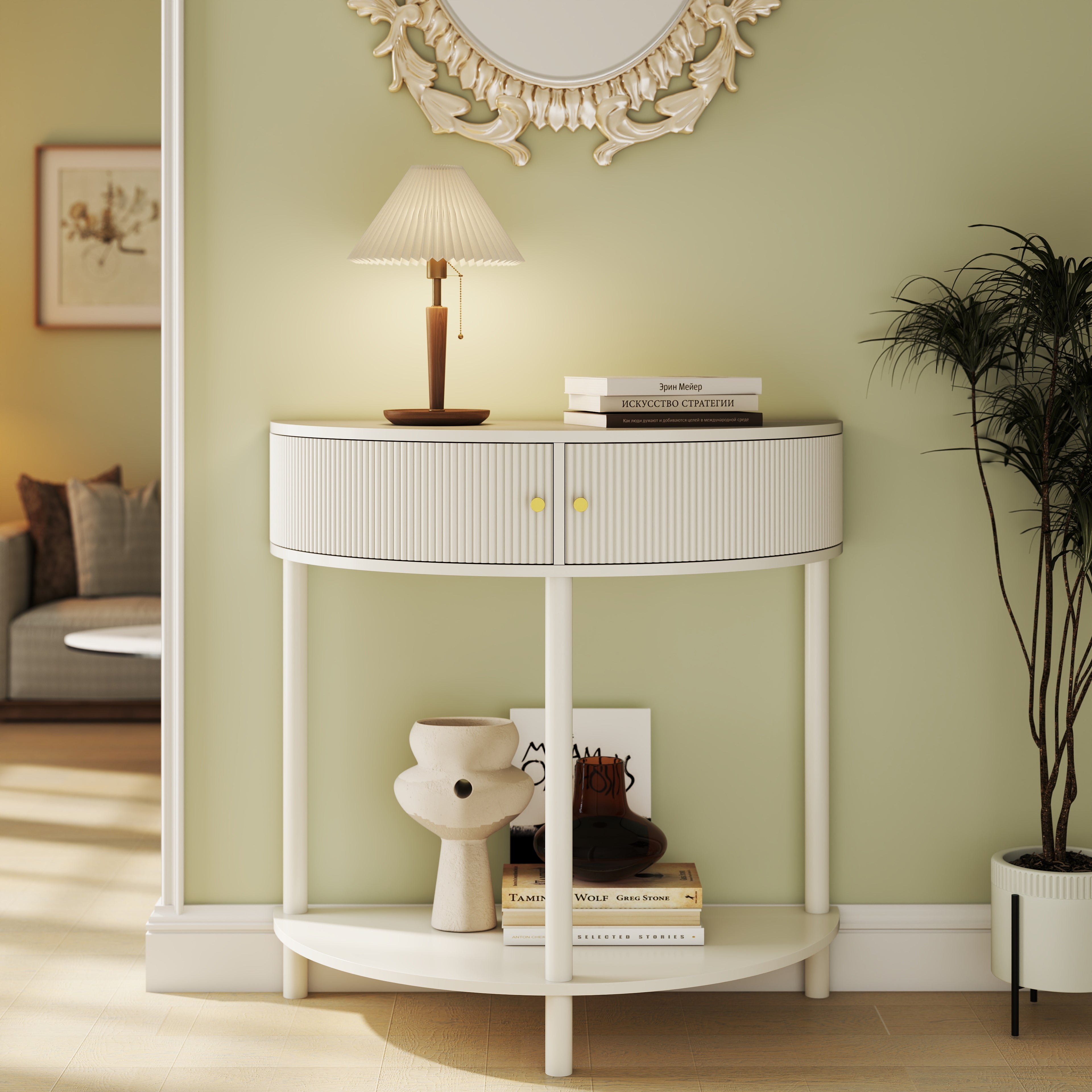 Wave-Pattern Console Table Creamy White Living Room