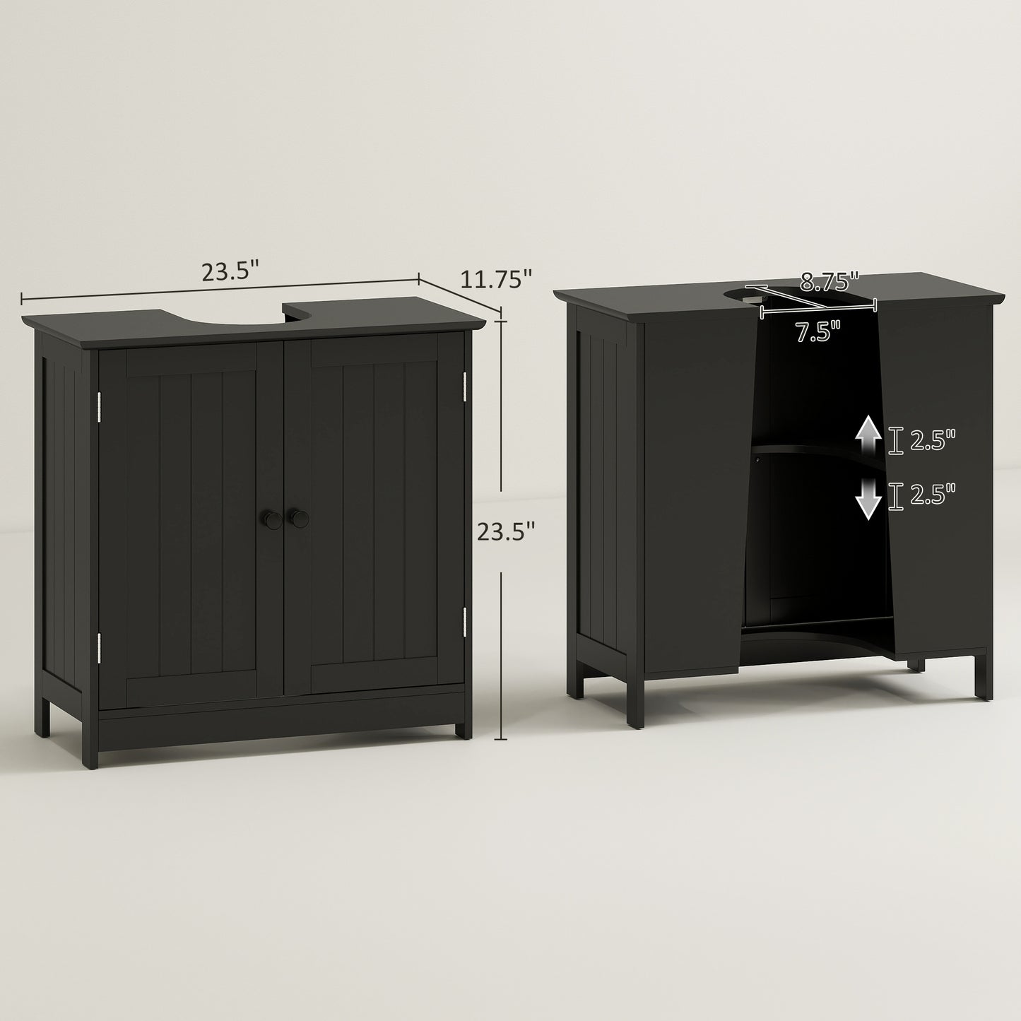 Under Sink Bathroom Cabinet, Pedestal Sink Storage Cabinet with 2 Doors, Shelf and U-Shape, Black