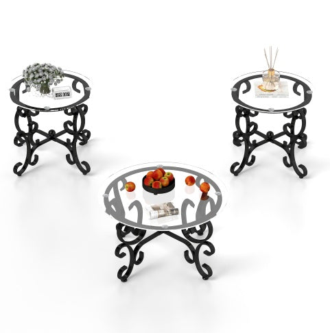 Glass Round Coffee Table Black Tempered Set