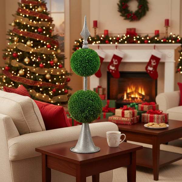 Two-Tier Artificial Plant D7x26.5" Natural Boxwood Sphere Topiary On Metal Spire Circle Ball Home Office Desk Decor FBA Shipment