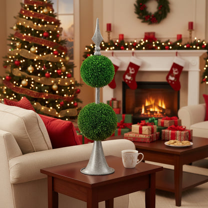 Two-Tier Artificial Plant D7x26.5" Natural Boxwood Sphere Topiary On Metal Spire Circle Ball Home Office Desk Decor FBA Shipment