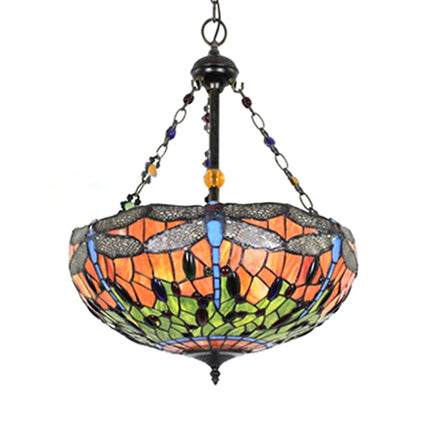 Dragonfly Pattern Tiffany Stained Pendant Light - Orange Bowl Hanging Ceiling Light, 18"/23.5" W - Lodge Style for Foyer