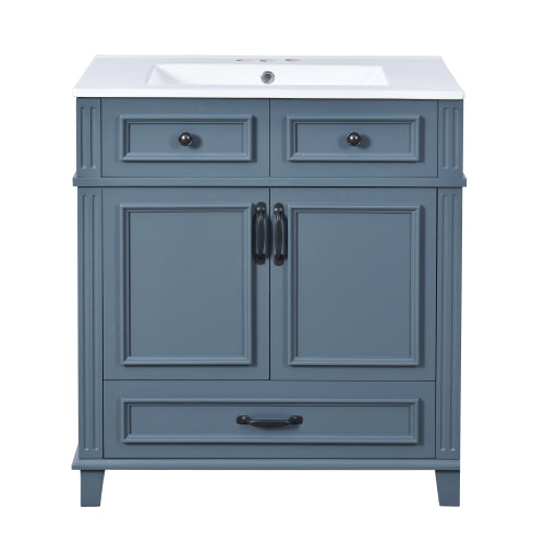 Lavabo de baño de 30'' con fregadero de cerámica, gabinete de almacenamiento de baño con marco de madera maciza y puertas de cierre suave, estilo retro, azul