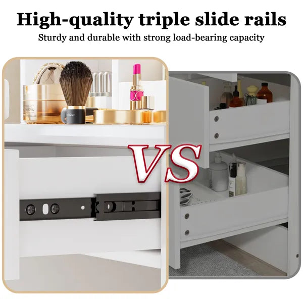 Tocador de Maquillaje con Espejo y Luces, Mesa de Vanidad Blanca con Toma de Corriente y 3 Modos de Iluminación, Juego de Mesa de Vestir con Cajones de Gabinete, Estanterías y Taburete de Almacenamiento para Dormitorio